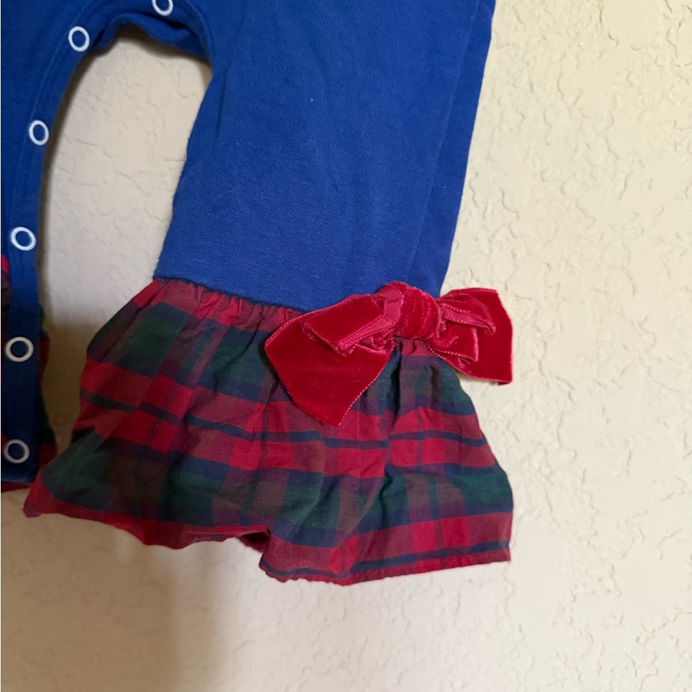 Ricrac & Ruffles Blue Christmas Holiday Baby Romper with Ruffle Trim - Picture 7 of 11